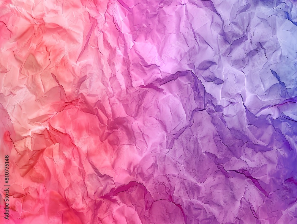 A crumpled, textured fabric with a gradient of warm colours, transitioning from deep purple to red.
