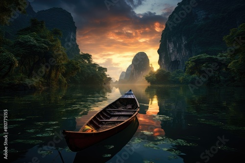 Thailand landscape. Tranquil Sunset Over a Serene River with Distant Rock Formations and a Wooden Boat.