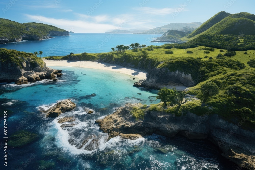 Tonga landscape. Pristine Tropical Beach Cove with Lush Green Hills and Crystal Clear Waters. Tonga landscape. Pristine Tropical Beach Cove with Lush Green Hills and Crystal Clear Waters.