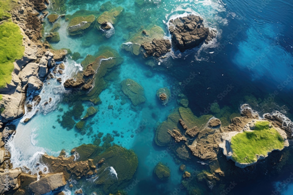 Tonga landscape. Aerial View of Scenic Coastal Rocks and Clear Blue Sea.