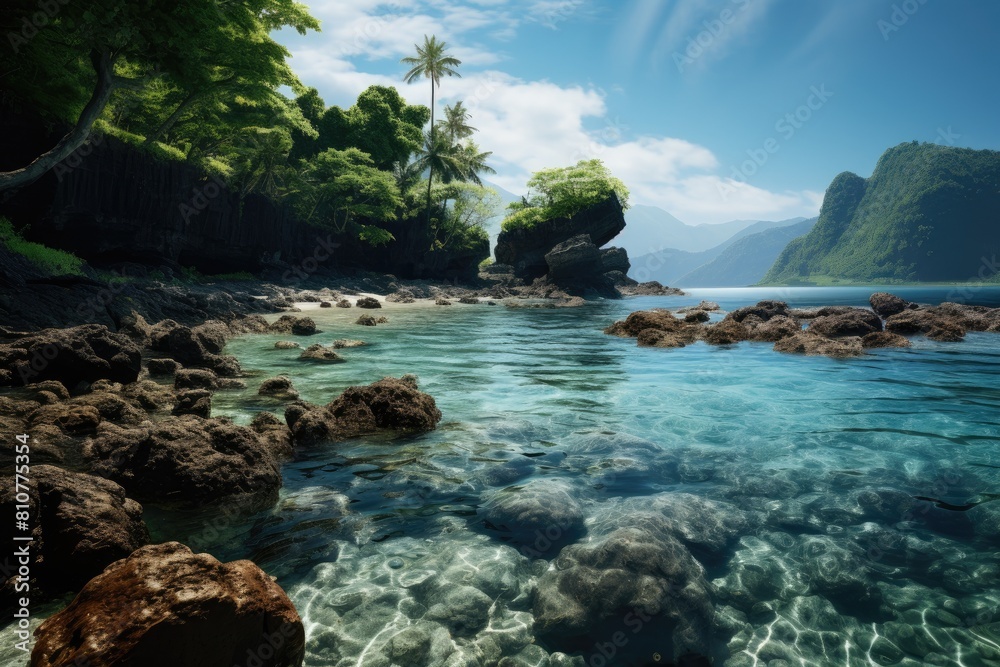 Tonga landscape. Tranquil Tropical Cove with Crystal-Clear Waters and Lush Greenery.