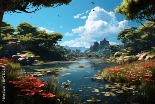 Togo landscape. Serene Landscape with Lush Forest and Tranquil River.