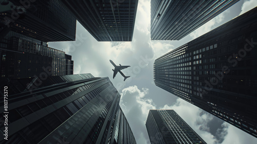 Airplane soars above modern skyscrapers in a bustling city.