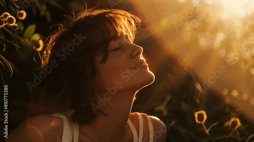 Woman basks in the warmth of golden sunlight, eyes closed in serene contemplation.