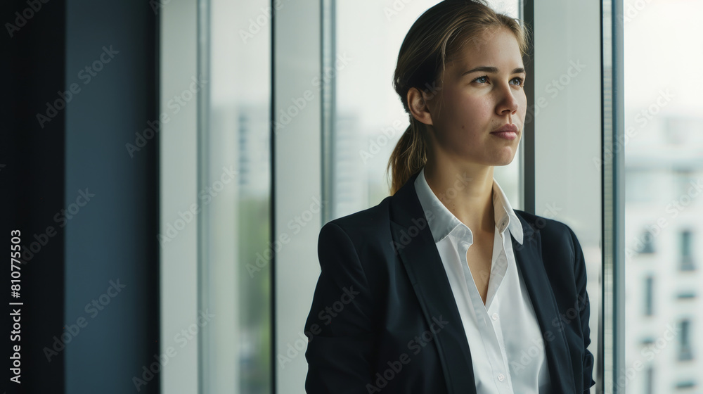 Professional woman gazing out the window, lost in her focused thoughts. Professional woman gazing out the window, lost in her focused thoughts.