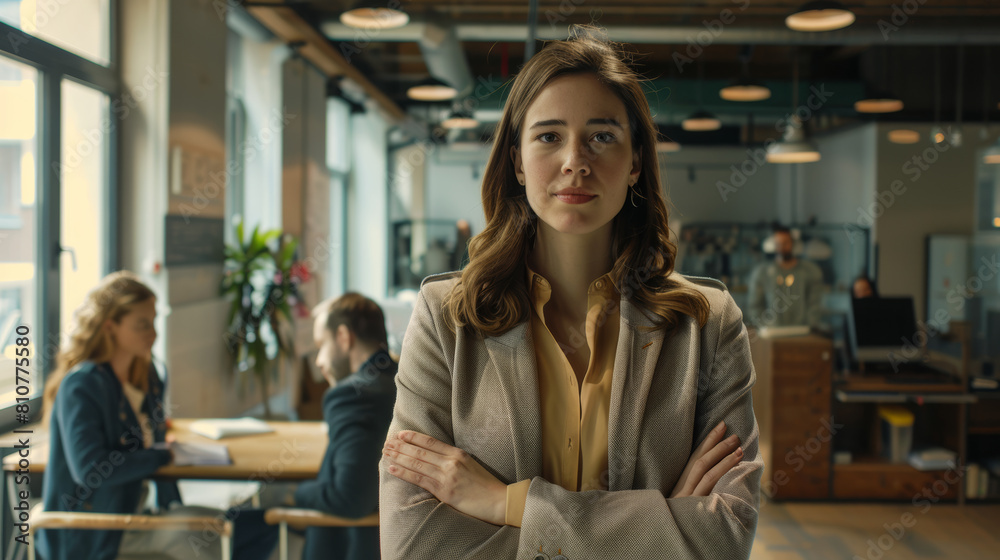 Fototapeta premium Confident professional woman standing with arms folded in a modern office.