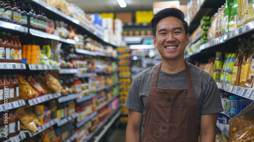 Welcoming supermarket worker smiling among grocery store aisles.
