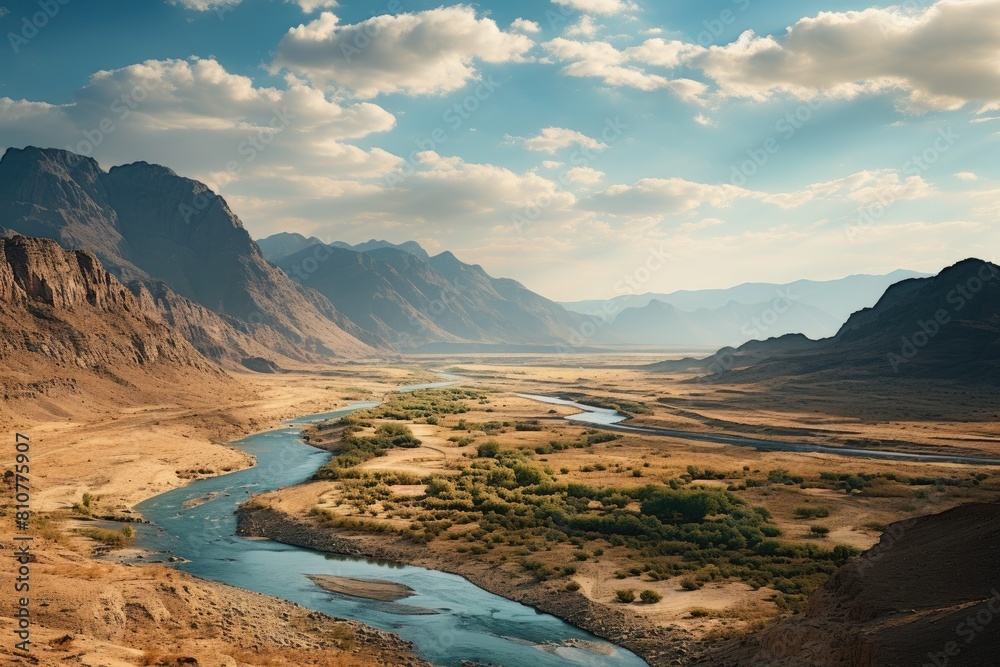 Turkmenistan landscape. Majestic Desert Landscape with Winding River and Mountain Ranges.
