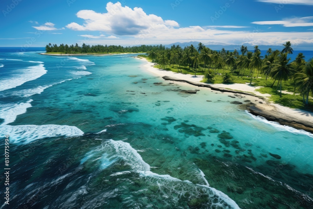 Obraz premium Tuvalu landscape. Stunning Tropical Island Paradise with Lush Palm Trees and Crystal-Blue Waters.