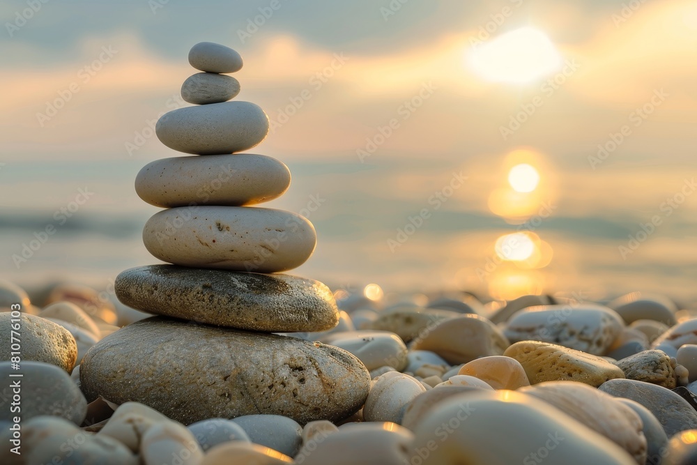 Balanced zen stones at sunset on the beach