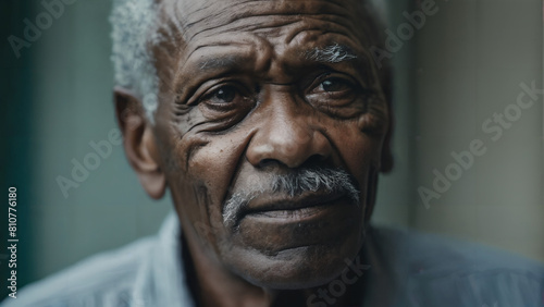 Old black man with a mustache and a blue shirt,