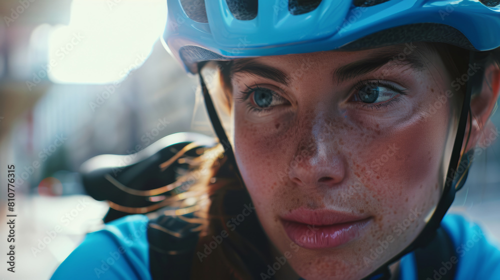 Closeup of a female cyclist's focused gaze, helmet on, ready for an urban ride. Closeup of a female cyclist's focused gaze, helmet on, ready for an urban ride.