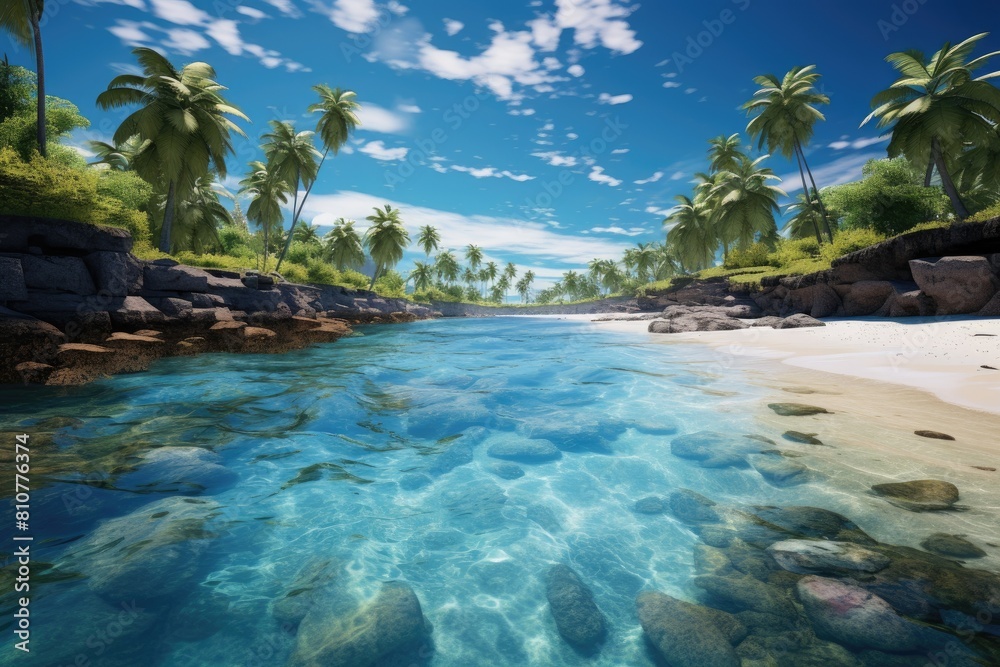 Tuvalu landscape. Crystal Clear Tropical Beach with Sunny Blue Skies and Lush Palm Trees.