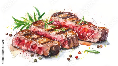 Vibrant watercolor illustration of a grilled steak, each spice and herb meticulously painted for a hyper-realistic finish, isolated on white
