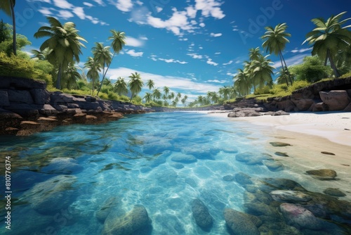 Tuvalu landscape. Crystal Clear Tropical Beach with Sunny Blue Skies and Lush Palm Trees. © Sci-Fi Agent