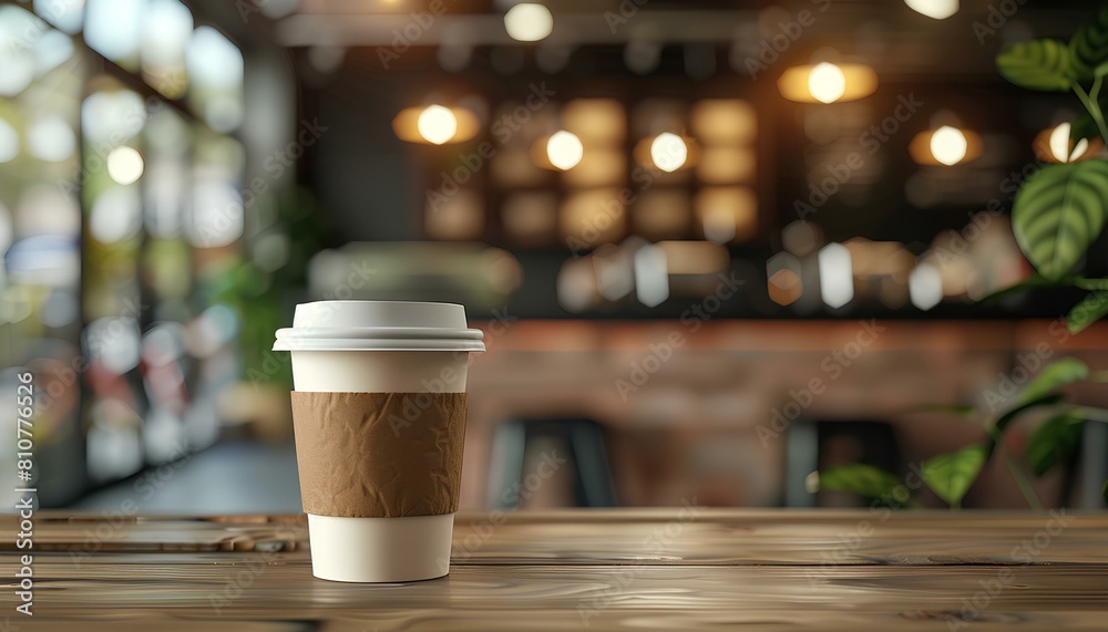 hot coffee in cup on wooden table on cafe background