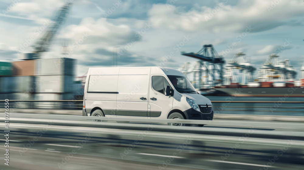 A delivery van speeds along a freeway, blurring the industrial harbor backdrop.