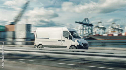 A delivery van speeds along a freeway, blurring the industrial harbor backdrop. © VK Studio