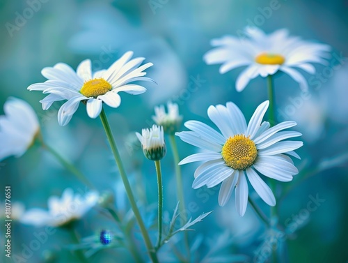 Delicate white daisies in a serene blue-green field