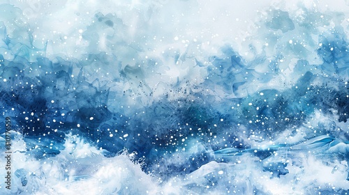 Watercolor painting of an abstract snowy backdrop with fluid ocean currents, offering a captivating motion for holiday travel winter themes