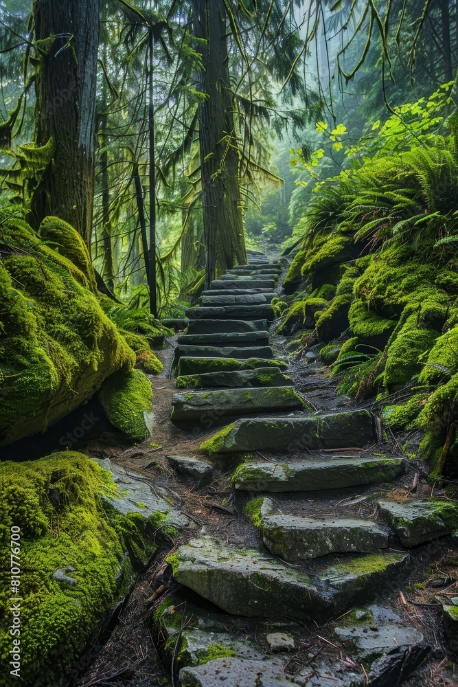 Moss-covered steps in lush forest Moss-covered steps in lush forest
