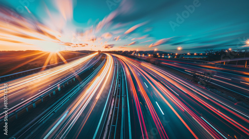 Dynamic light trails rush along a vibrant highway at twilight.