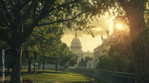 Sunrise beams behind the Capitol Building amidst verdant trees.