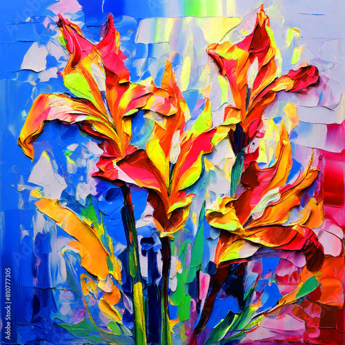 Floral colourful bloomy vibrant watercolour oil painting splash colour of canna-lily flowers