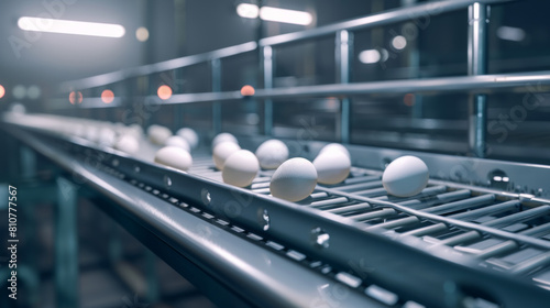 Eggs align on a conveyor belt in an automated food processing plant.