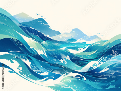Chinese style vivid illustration of waves and hills