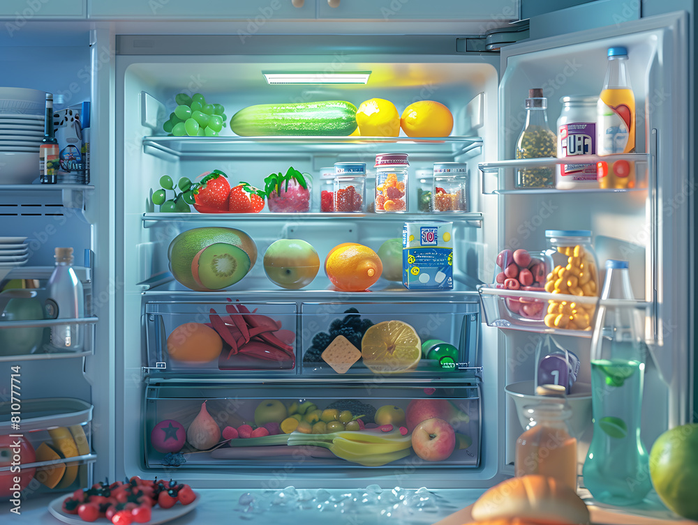 Open refrigerator with groceries, fresh vegetables and drinks inside. Well-organized fridge 