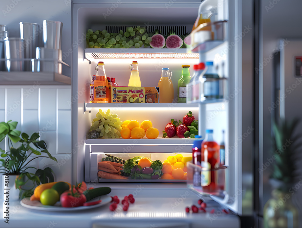 Open refrigerator with groceries, fresh vegetables and drinks inside. Well-organized fridge Open refrigerator with groceries, fresh vegetables and drinks inside. Well-organized fridge