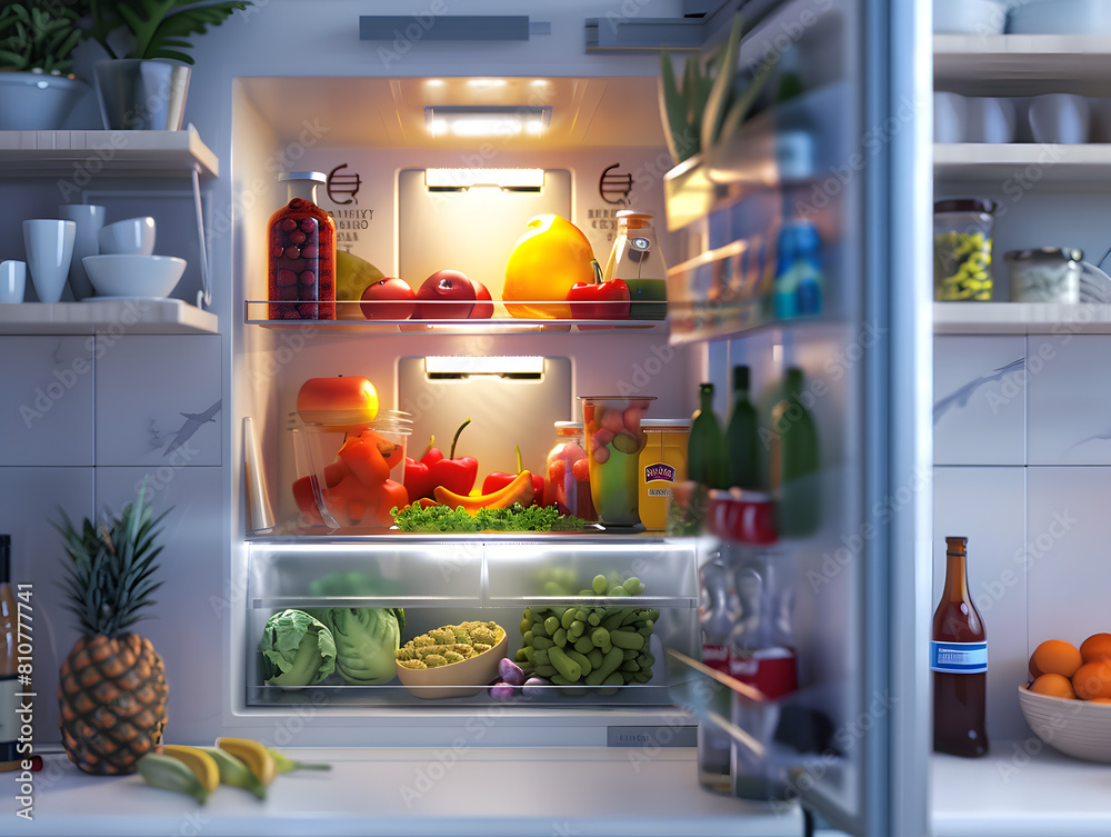 Open refrigerator with groceries, fresh vegetables and drinks inside. Well-organized fridge 