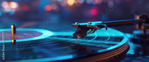 Close-up of a record player spinning a vinyl record, focusing on the needle and the music. photo