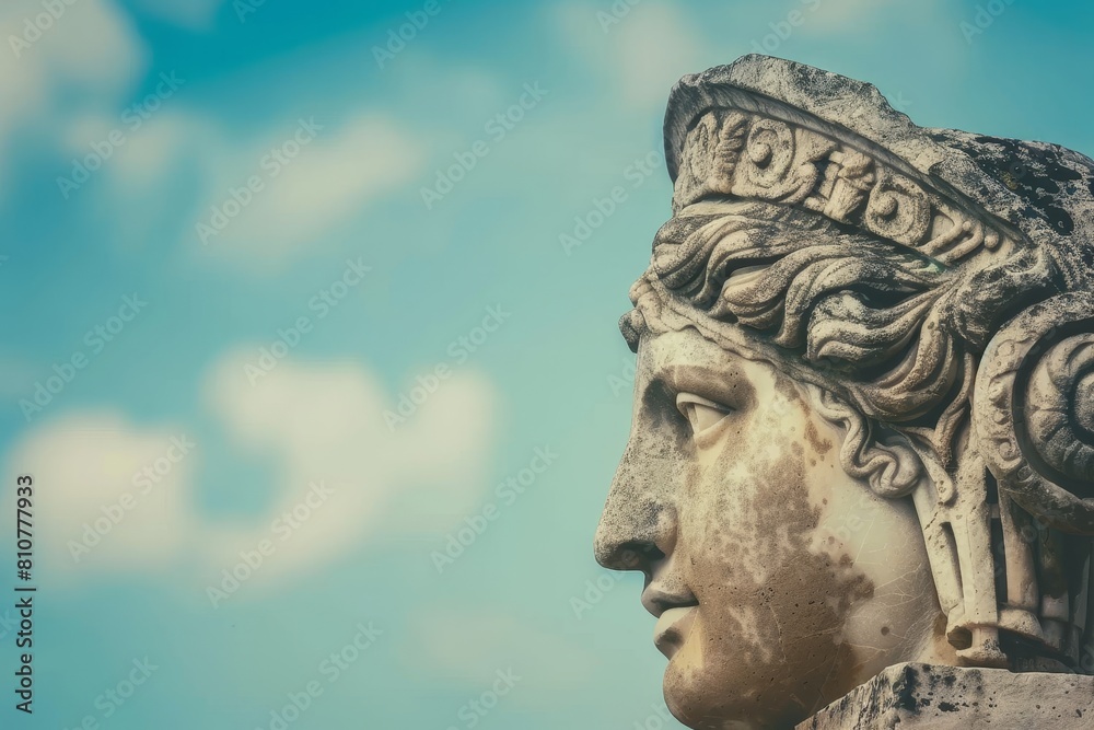ancient greek statue profile against blue sky