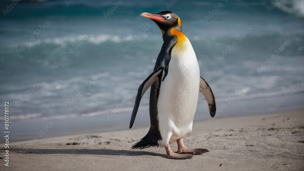 Fototapeta premium penguin standing on the beach with its beak open, full body