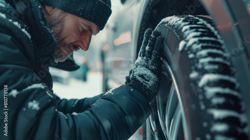 Man in winter gear meticulously checks tire treads on a snowy day. photo