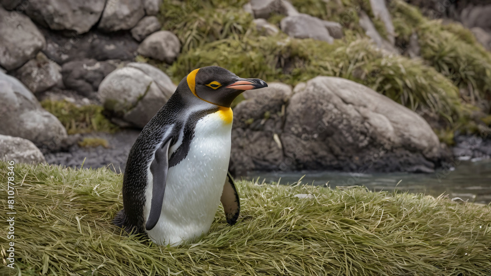 Fototapeta premium penguin that is sitting on the grass by the water,
