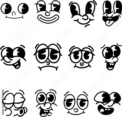 Set of cartoon faces, funny characters. Old style animation eyes, mouth. Cartoon eyes. Comic style faces. Vector illustration © liubov