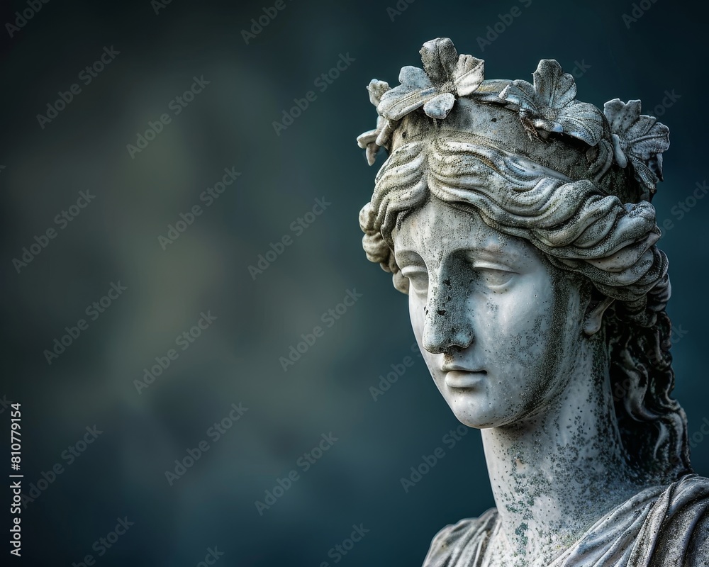 Weathered stone statue of a figure with floral crown Weathered stone statue of a figure with floral crown