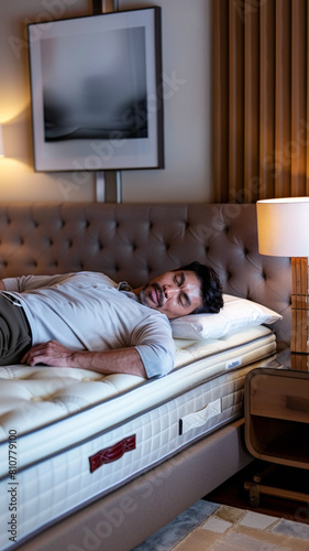 A man lies on a side sleeper pillow, resting on a gel-infused foam mattress. He looks peaceful,