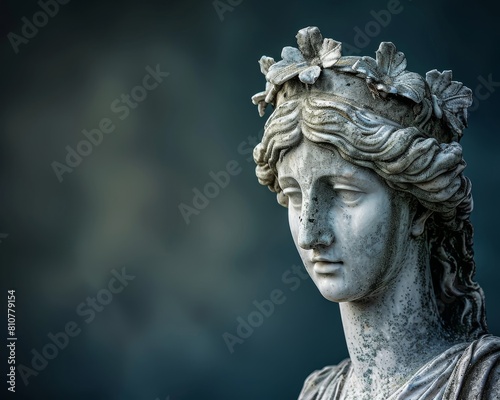 Weathered stone statue of a figure with floral crown