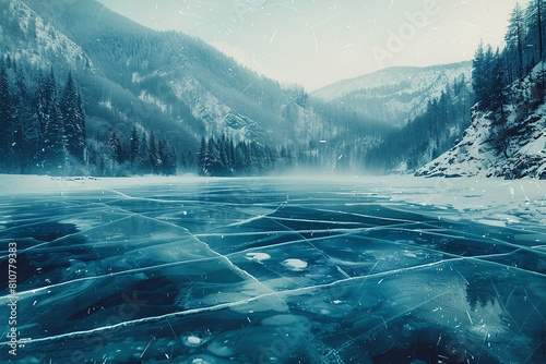 Cracks on the surface of blue ice. Frozen lake in winter mountains. Hills of pine trees in the snow