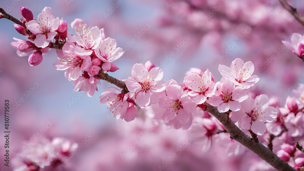 pink flower on a branch with a blue sky in the background,