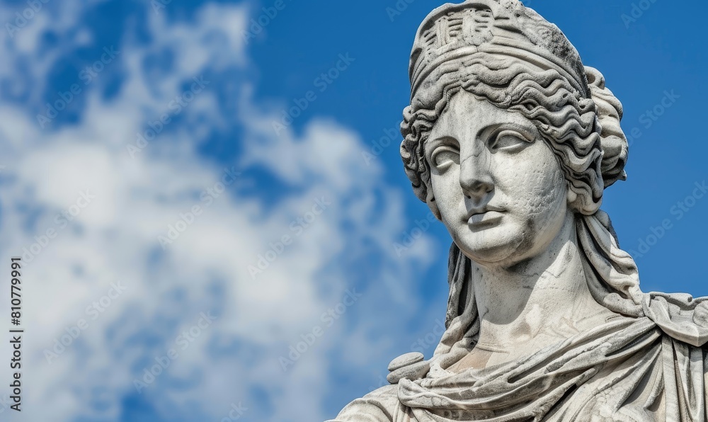 Majestic ancient greek statue against blue sky
