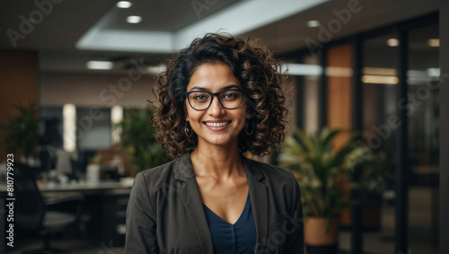 Bella donna di origini indiane sorride in un moderno ufficio con abito elegante photo