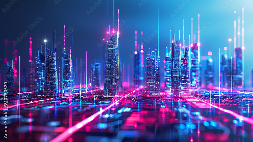 Obraz premium A futuristic night city. An urban landscape on a colorful background with bright and glowing neon lights. Wide view of the city front.