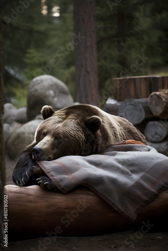 Sleepy Brown Bear Resting Under Blanket in Woods, Comfortable and Relaxed
 photo