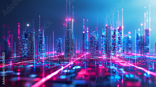 A futuristic night city. An urban landscape on a colorful background with bright and glowing neon lights. Wide view of the city front.