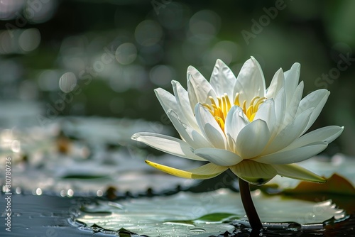 Serene white lotus flower blooming in pond